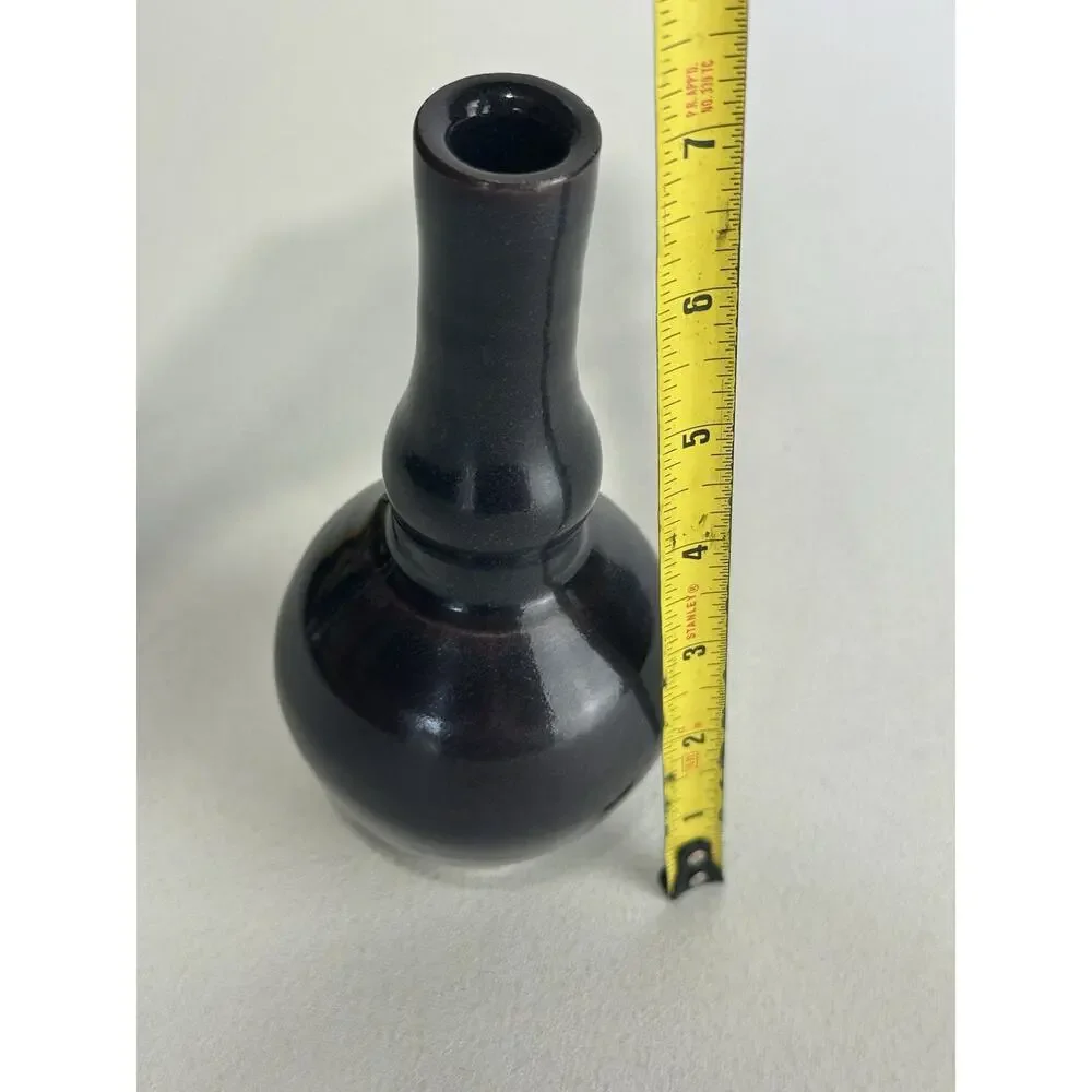 Vintage Signed FR Studio Pottery Vase Black Glaze Mid Century Modern Bud Vase 7